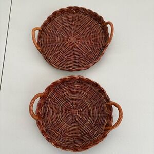 VTG Set of 2 Round Woven Wicker Baskets with Handles Brown Boho Trays 7 & 8 in.